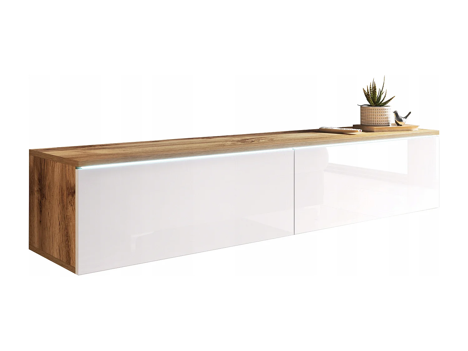 Meuble TV moderne 140 cm avec LED 2 portes, sans poignées, caisson chêne wotan, façades blanc brillant, posé ou suspendu