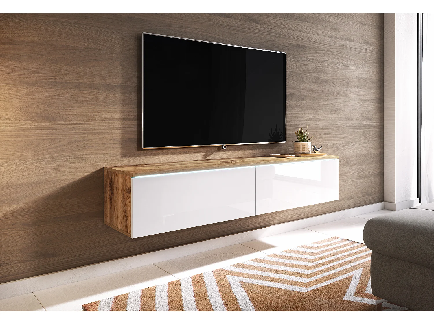 Meuble TV moderne 140 cm avec LED 2 portes, sans poignées, caisson chêne wotan, façades blanc brillant, posé ou suspendu