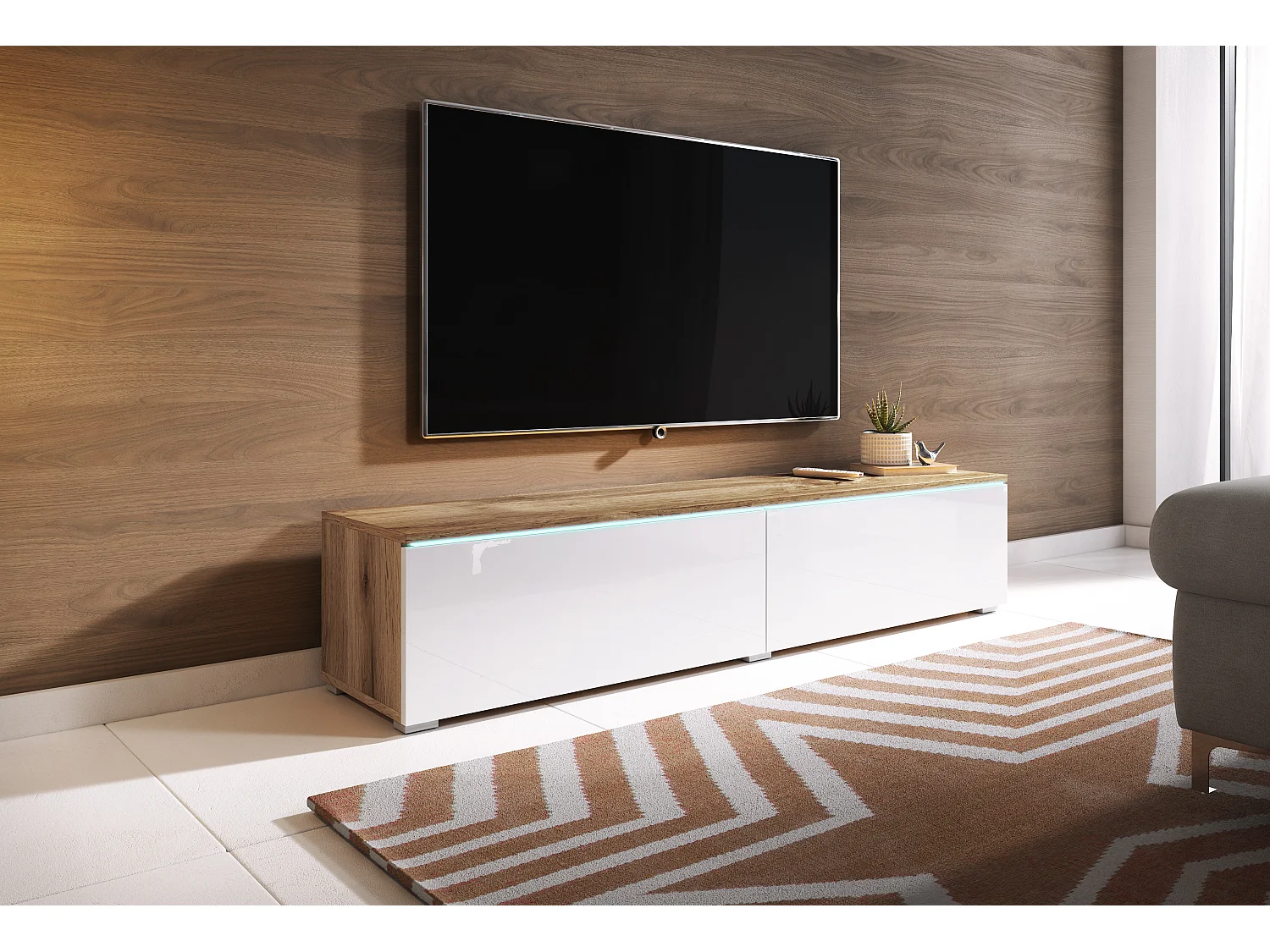 Meuble TV moderne 140 cm avec LED 2 portes, sans poignées, caisson chêne wotan, façades blanc brillant, posé ou suspendu