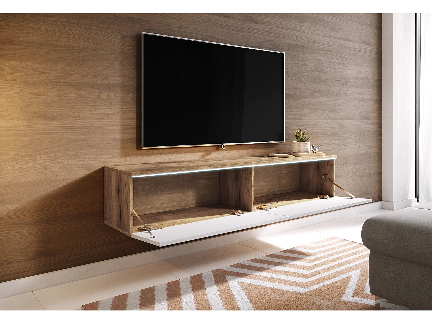 Meuble TV moderne 140 cm avec LED 2 portes, sans poignées, caisson chêne wotan, façades blanc brillant, posé ou suspendu