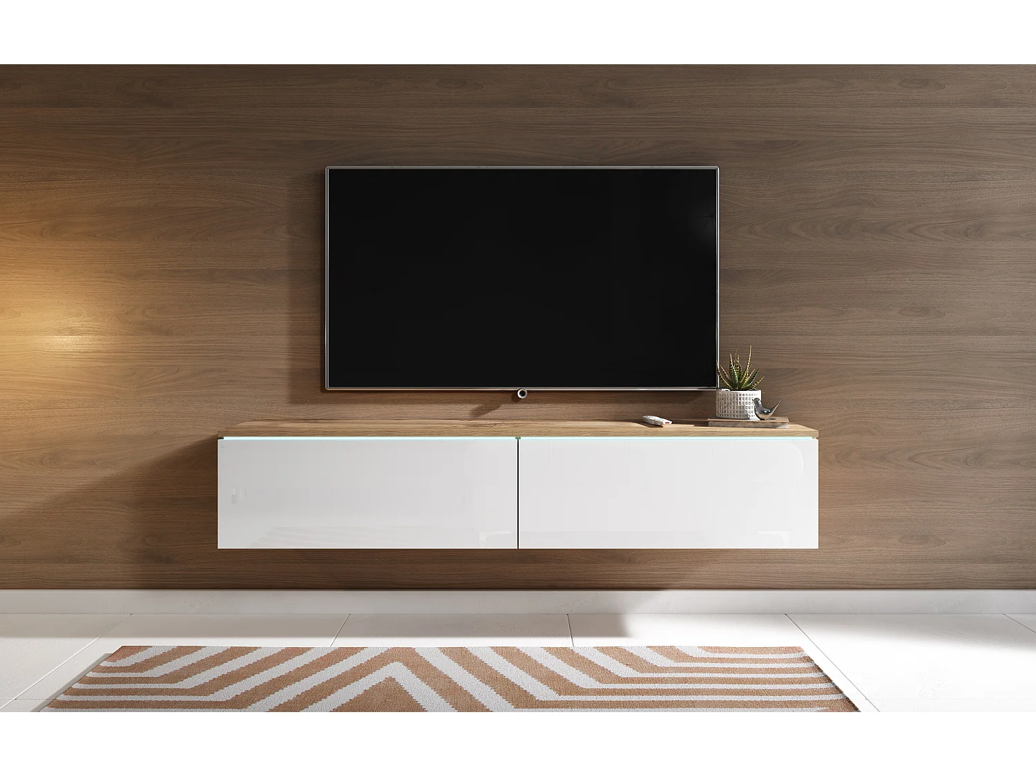Meuble TV moderne 140 cm avec LED 2 portes, sans poignées, caisson chêne wotan, façades blanc brillant, posé ou suspendu