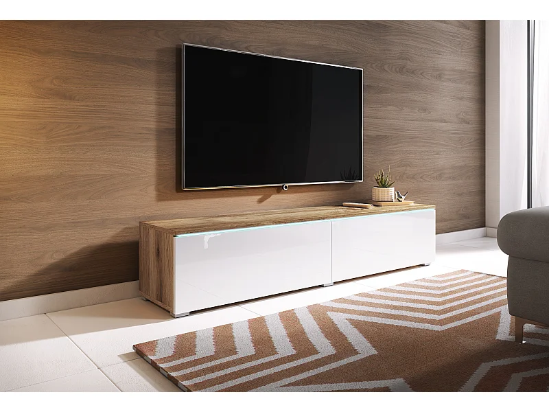 Meuble TV moderne 140 cm avec LED 2 portes, sans poignées, caisson chêne wotan, façades blanc brillant, posé ou suspendu