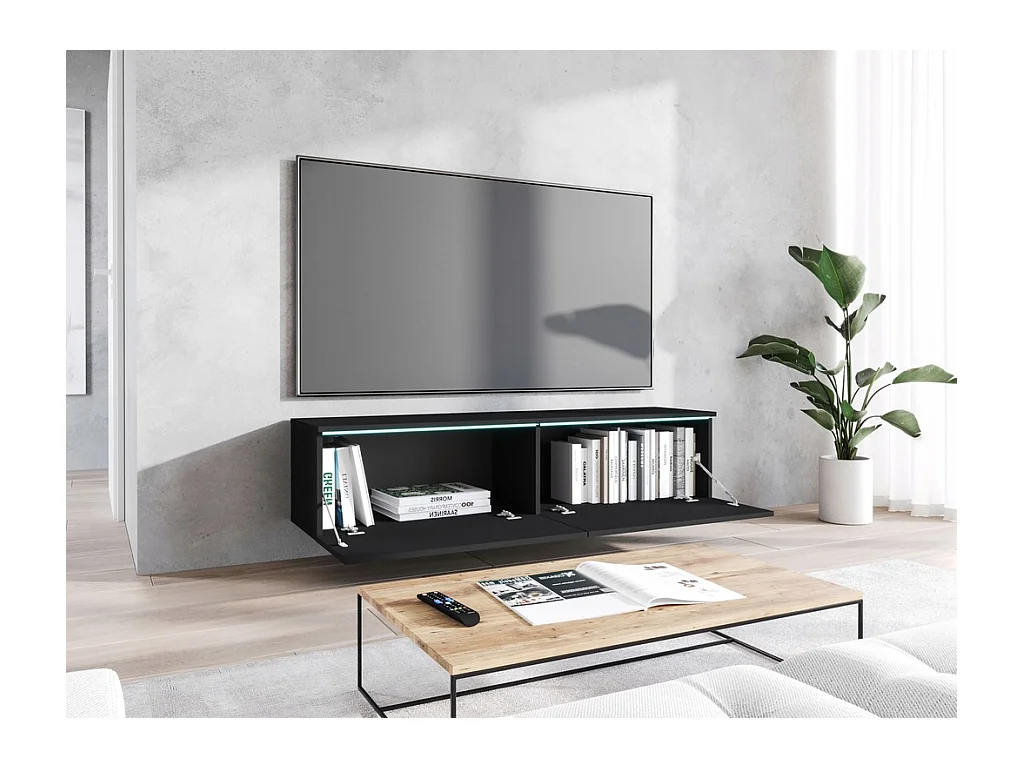Nowoczesna szafka RTV 140 cm do salonu z LED 2-drzwiowa, bezuchwytowa, czarny mat, stojąca lub wisząca