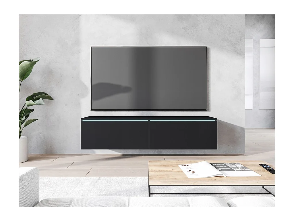 Nowoczesna szafka RTV 140 cm do salonu z LED 2-drzwiowa, bezuchwytowa, czarny mat, stojąca lub wisząca