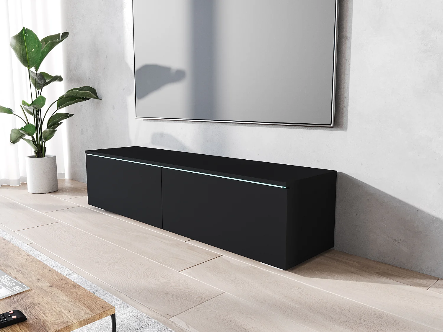 Meuble TV moderne 140 cm avec LED 2 portes, sans poignées, noir mat, posé ou suspendu