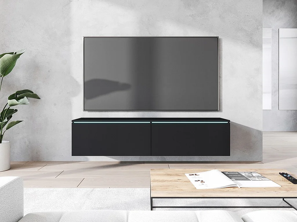 Meuble TV moderne 140 cm avec LED 2 portes, sans poignées, noir mat, posé ou suspendu