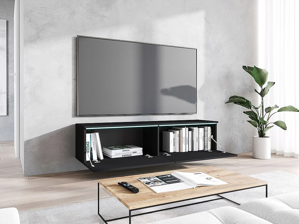 Moderner 140 cm TV-Ständer mit LED, Mattschwarz, grifflose Türen, wandmontierbar oder freistehend