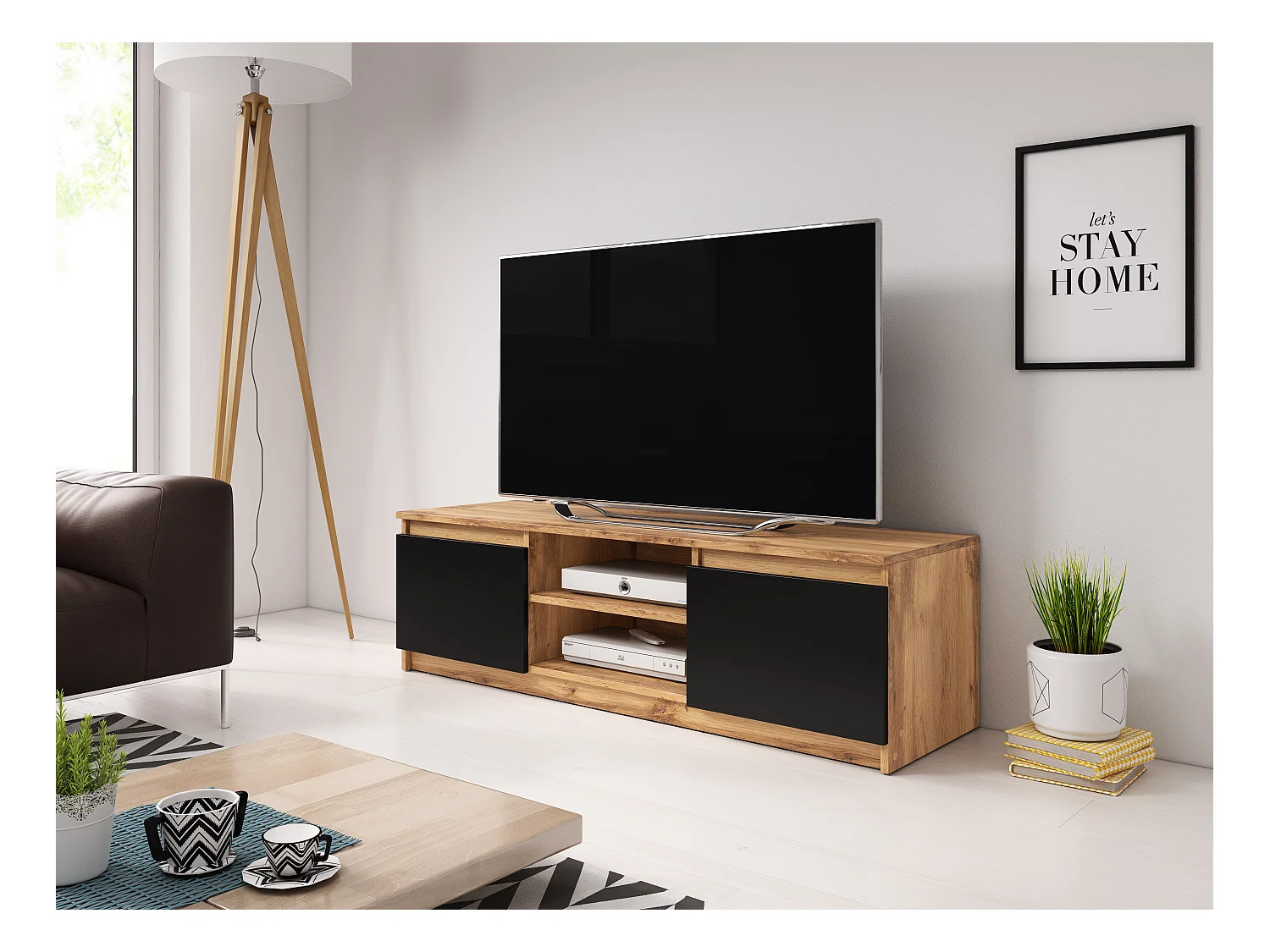 Prosta szafka RTV 120 cm z LED, pod telewizor, 2 szafki i półki, korpus dąb wotan, fronty czarny mat