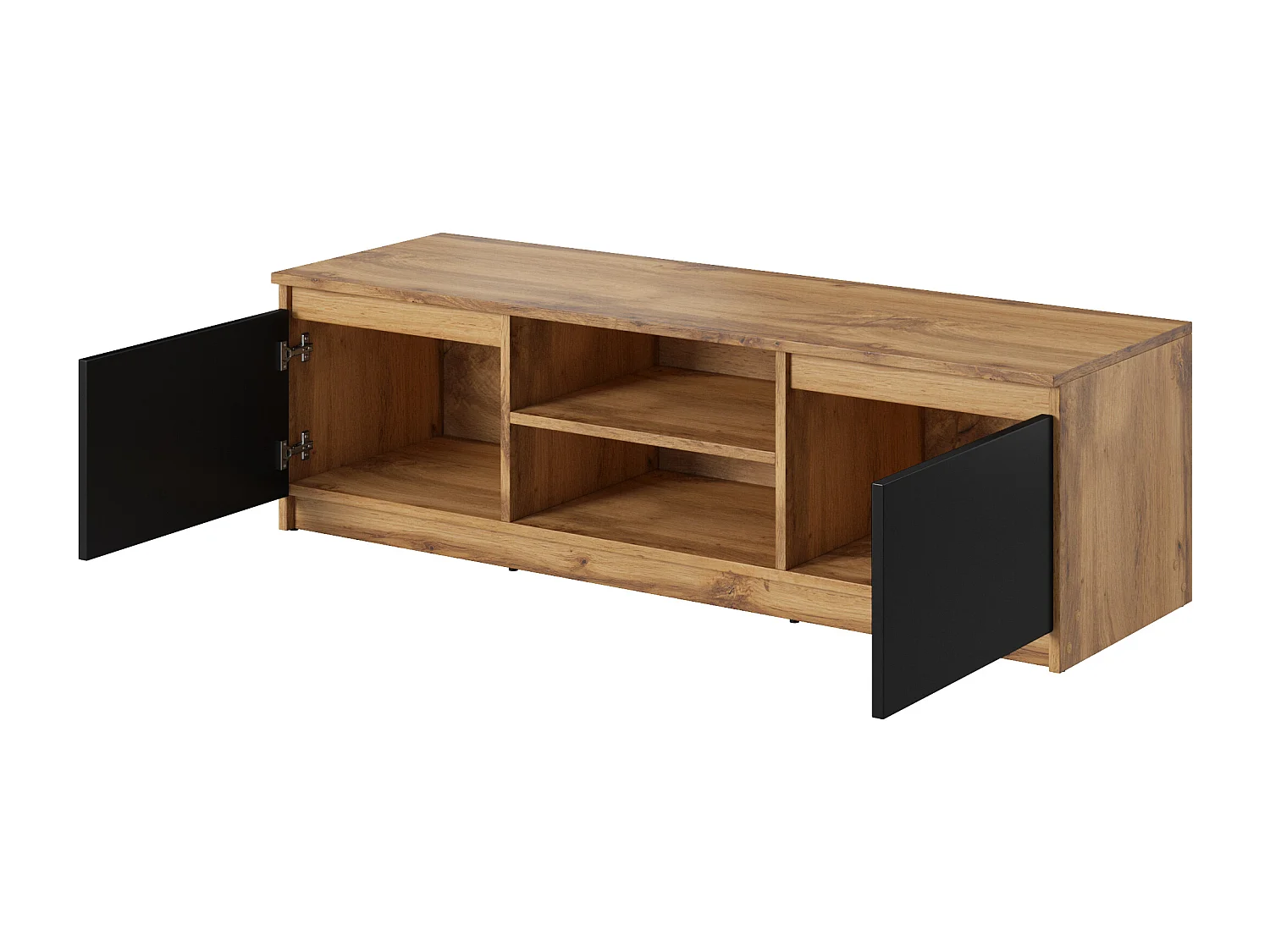 Meuble TV simple 120 cm avec LED, pour téléviseur, 2 placards et étagères, caisson chêne wotan, façades noir mat
