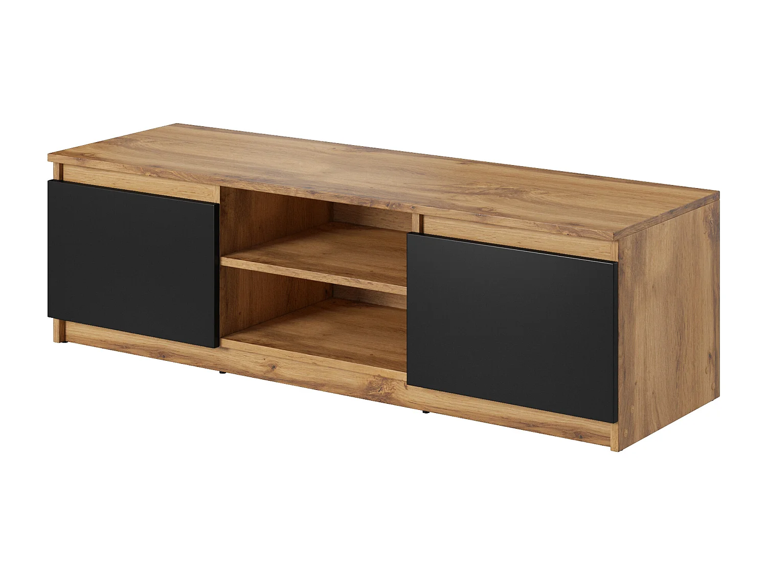 Meuble TV simple 120 cm avec LED, pour téléviseur, 2 placards et étagères, caisson chêne wotan, façades noir mat