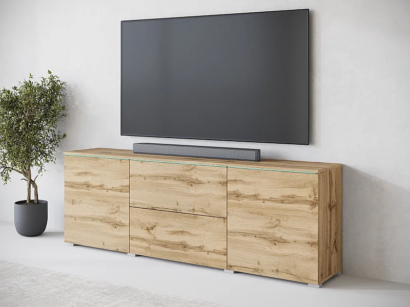 Mueble bajo de TV moderno 180 cm con LED – mueble alto mate con cajones y estantes, roble wotan