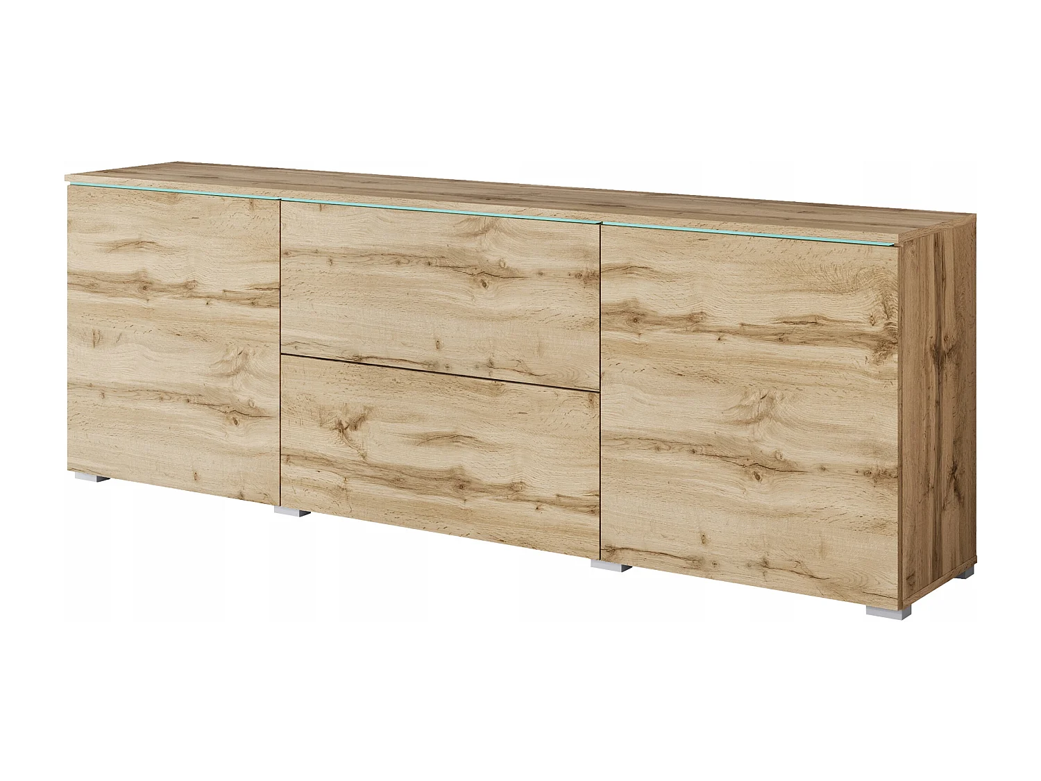 Meuble bas TV moderne 180 cm avec LED – meuble haut mat avec tiroirs et étagères, chêne wotan