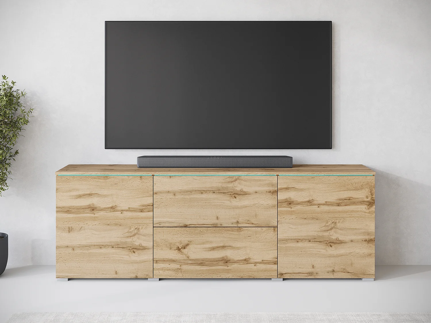 Meuble bas TV moderne 180 cm avec LED – meuble haut mat avec tiroirs et étagères, chêne wotan