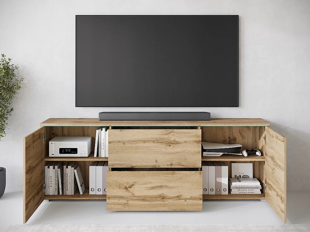 Meuble bas TV moderne 180 cm avec LED – meuble haut mat avec tiroirs et étagères, chêne wotan
