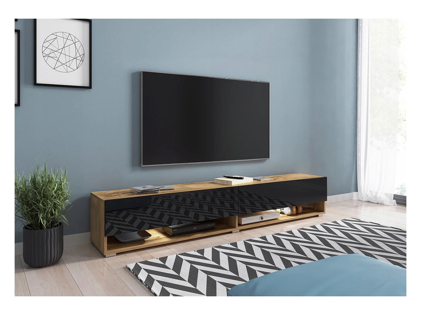 Meuble TV moderne 180 cm avec LED sans poignées – corps chêne Wotan façades noir brillant suspendu ou posé