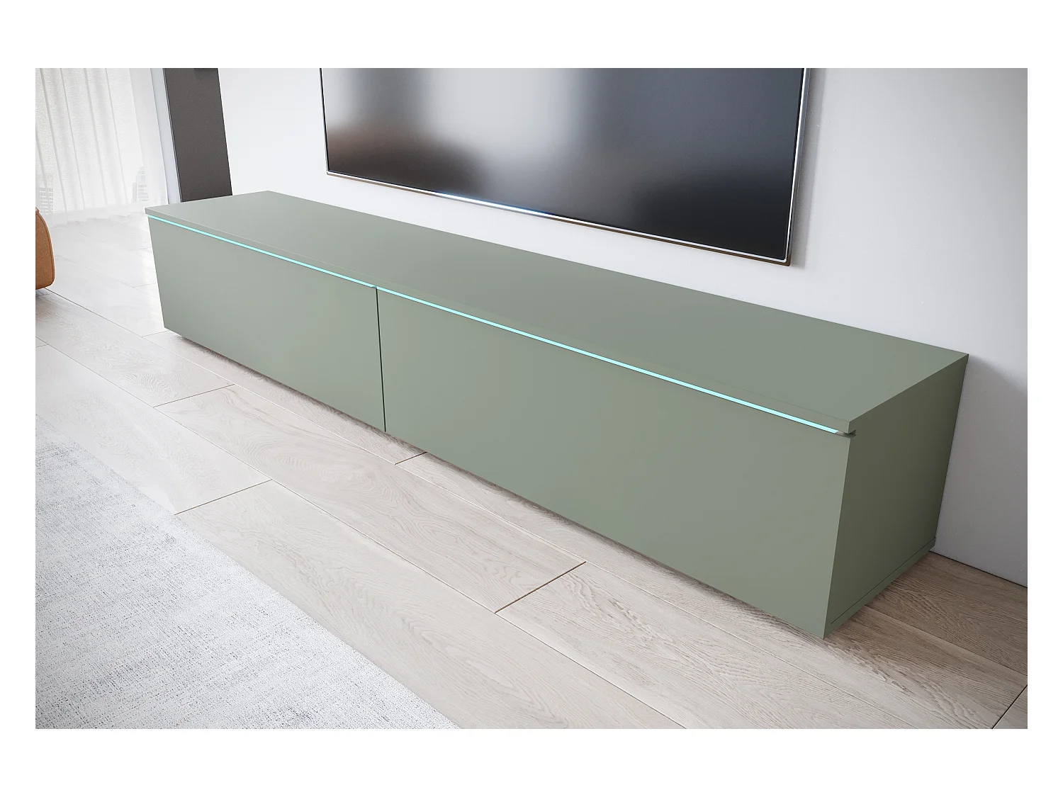 Móvel de TV moderno 180 cm para sala com LED – 2 portas, sem puxadores, verde névoa, de chão ou suspenso