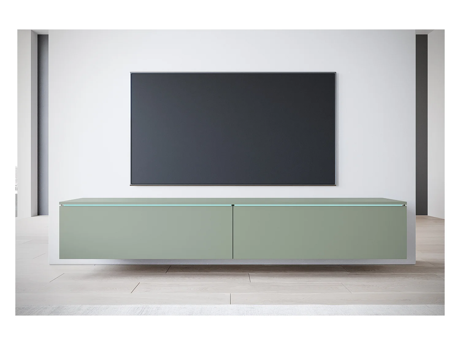 Móvel de TV moderno 180 cm para sala com LED – 2 portas, sem puxadores, verde névoa, de chão ou suspenso