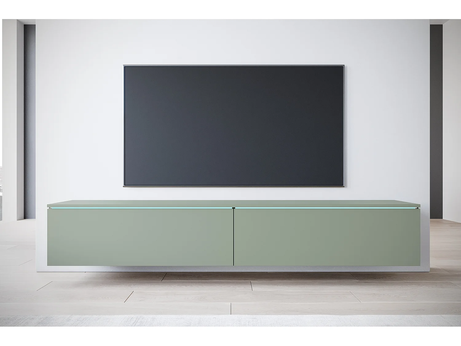Meuble TV moderne 180 cm pour salon avec LED – 2 portes, sans poignées, vert brumeux, à poser ou à suspendre