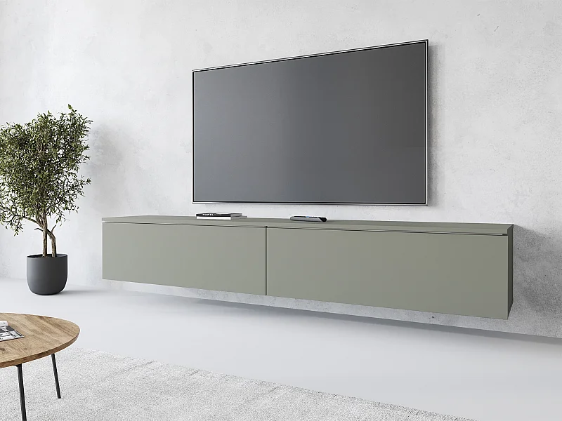 Nowoczesna szafka RTV 180 cm do salonu z LED – 2-drzwiowa, bezuchwytowa, mglista zielień, stojąca lub wisząca