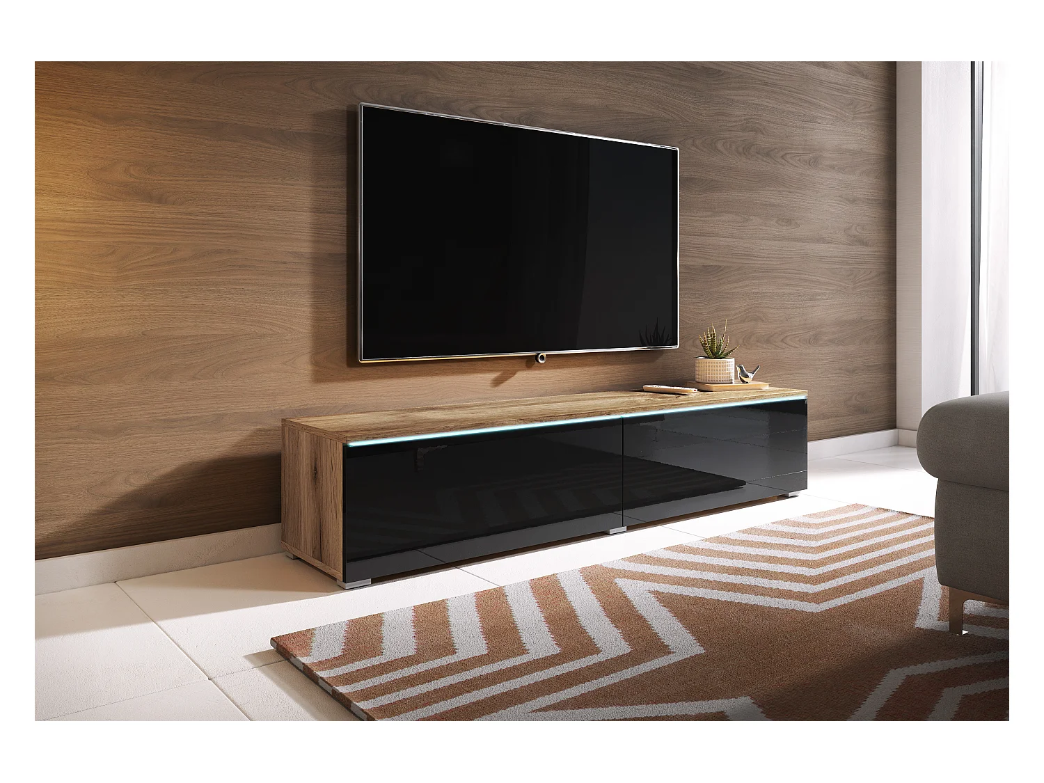 Meuble TV moderne 140 cm avec LED 2 portes, sans poignées, caisson chêne wotan, façades noir brillant, posé ou suspendu