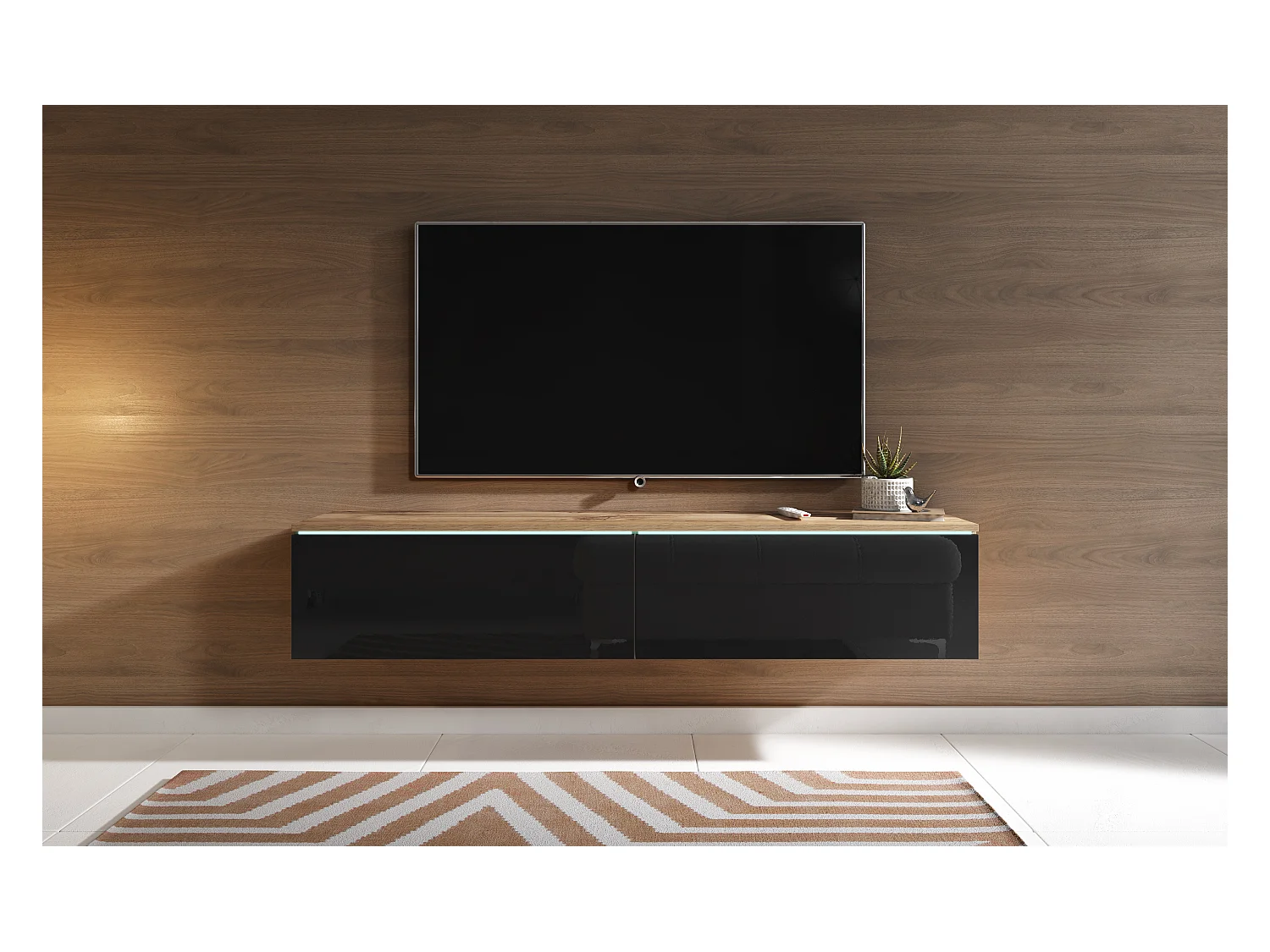 Nowoczesna szafka RTV 140 cm do salonu z LED 2-drzwiowa, bezuchwytowa, korpus dąb wotan, fronty czarny połysk, stojąca lub wisząca