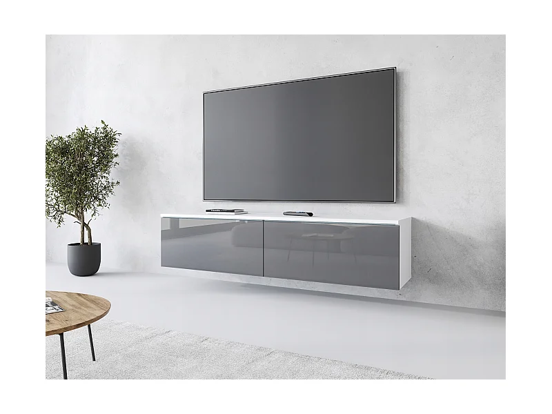 Nowoczesna szafka RTV 140 cm do salonu z LED 2-drzwiowa, bezuchwytowa, korpus biały mat, fronty szary połysk, stojąca lub wisząca