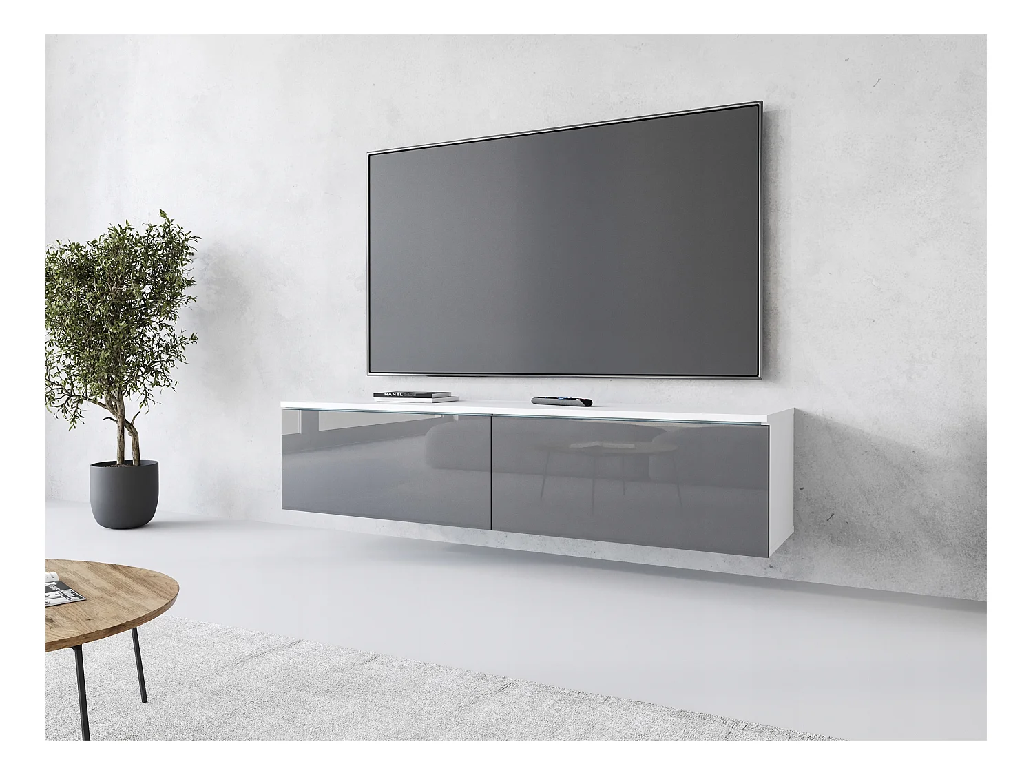 Meuble TV moderne 140 cm avec LED 2 portes, sans poignées, caisson blanc mat, façades gris brillant, posé ou suspendu
