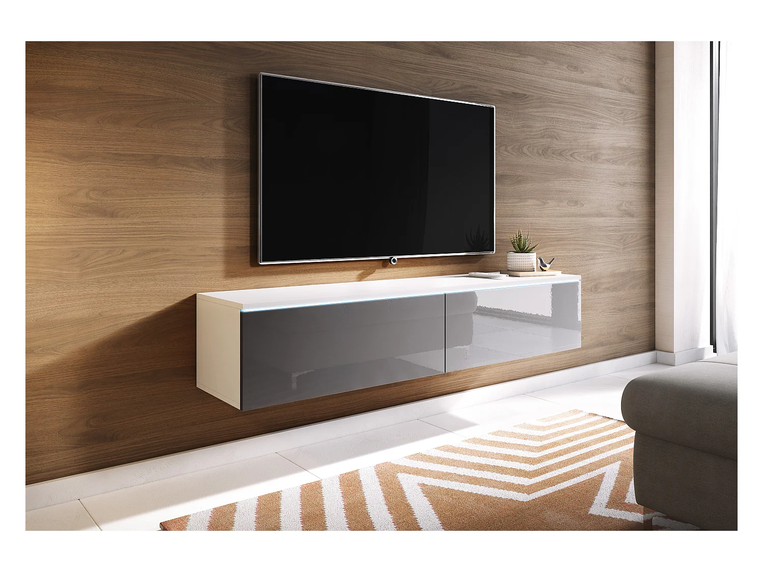 Meuble TV moderne 140 cm avec LED 2 portes, sans poignées, caisson blanc mat, façades gris brillant, posé ou suspendu