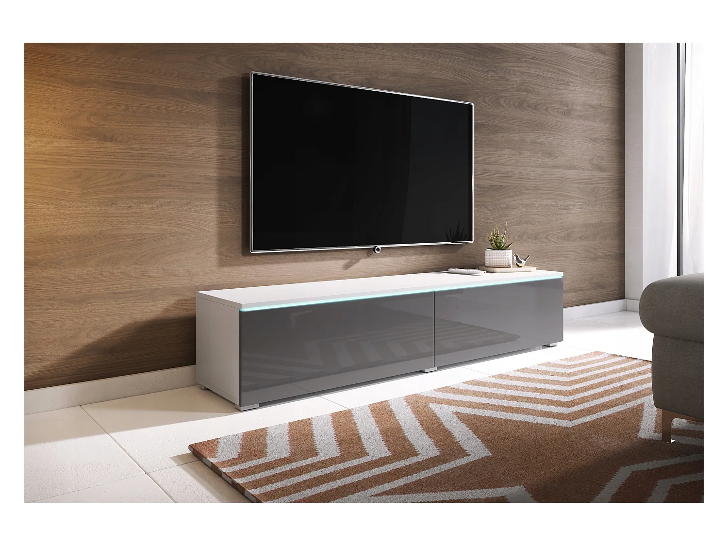 Meuble TV moderne 140 cm avec LED 2 portes, sans poignées, caisson blanc mat, façades gris brillant, posé ou suspendu