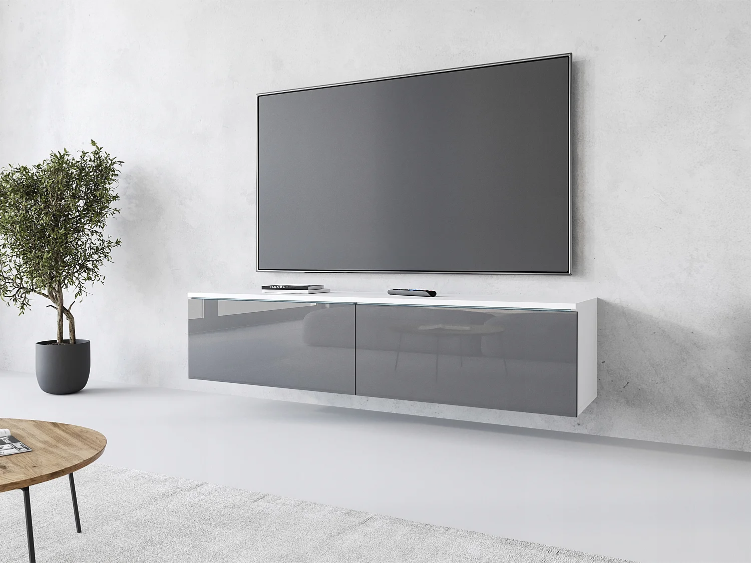 Mueble de TV moderno 140 cm con LED 2 puertas, sin tiradores, cuerpo blanco mate, frentes gris brillo, de pie o suspendido