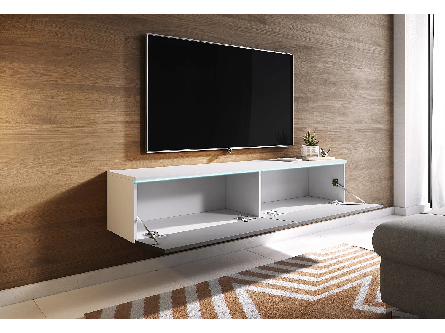 Mueble de TV moderno 140 cm con LED 2 puertas, sin tiradores, cuerpo blanco mate, frentes gris brillo, de pie o suspendido
