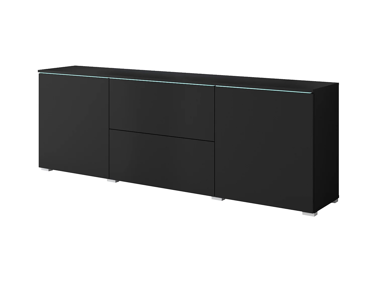 Meuble bas TV moderne 180 cm avec LED – meuble haut mat avec tiroirs et étagères, noir mat