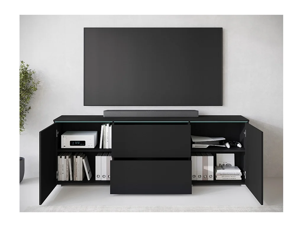 Meuble bas TV moderne 180 cm avec LED – meuble haut mat avec tiroirs et étagères, noir mat