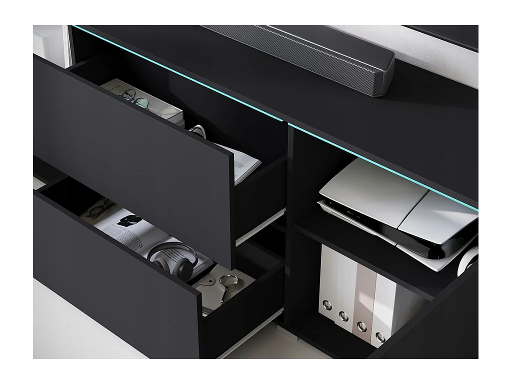 Meuble bas TV moderne 180 cm avec LED – meuble haut mat avec tiroirs et étagères, noir mat