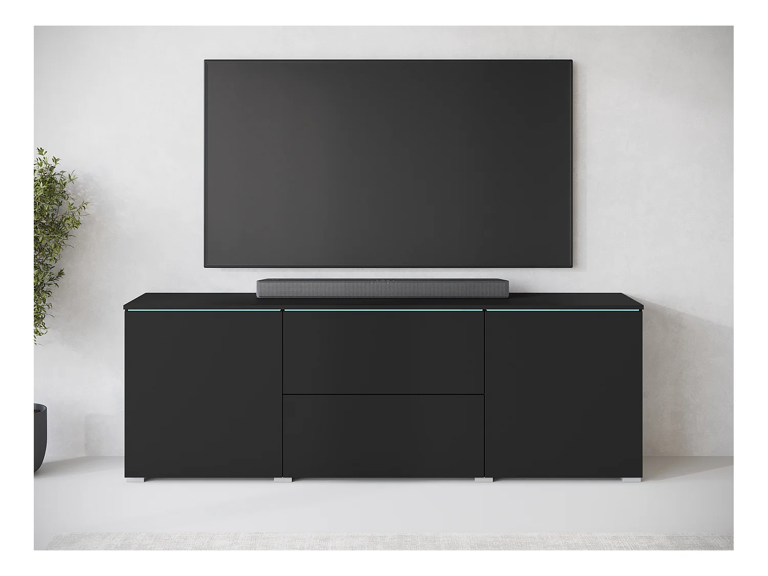 Meuble bas TV moderne 180 cm avec LED – meuble haut mat avec tiroirs et étagères, noir mat