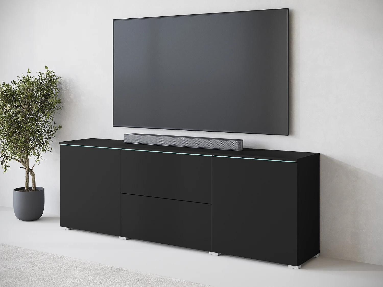 Moderner 180cm TV-Ständer mit LED, Mattschwarz, Schubladen, Verstellbare Regale, Dekoratives Glas