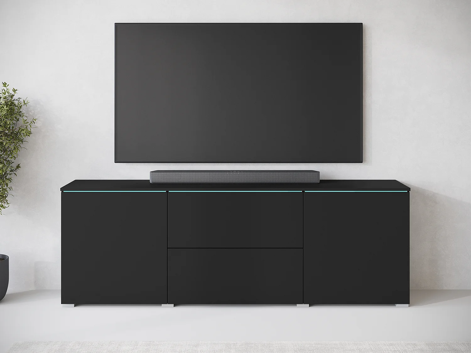 Moderner 180cm TV-Ständer mit LED, Mattschwarz, Schubladen, Verstellbare Regale, Dekoratives Glas