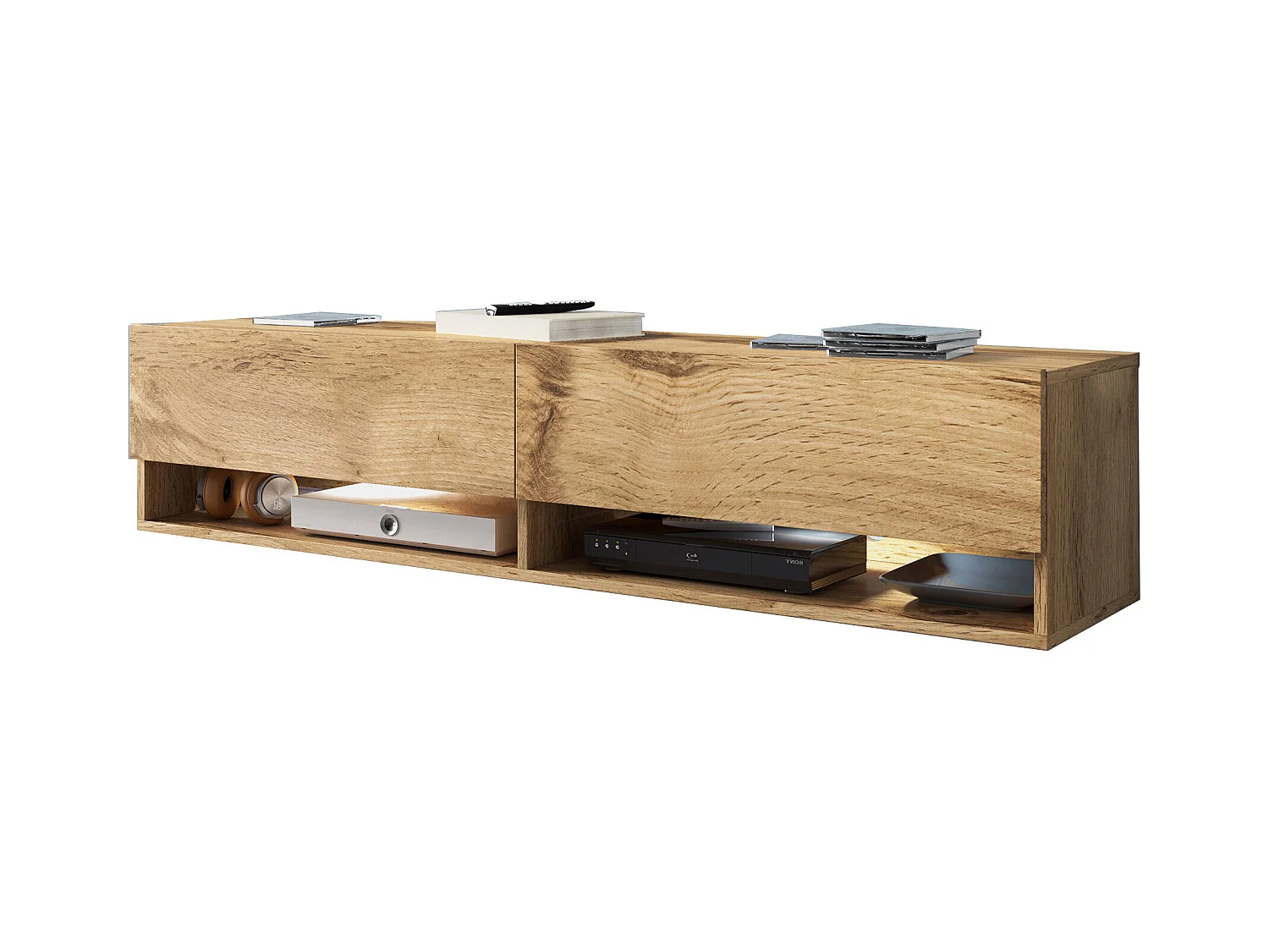 Nowoczesna szafka RTV 140 cm z LED bezuchwytowa dąb wotan stojąca lub wisząca 1 klapa 2 wnęki