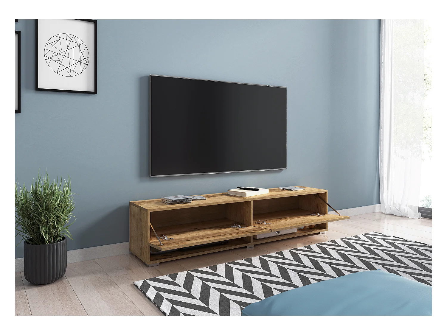 Nowoczesna szafka RTV 140 cm z LED bezuchwytowa dąb wotan stojąca lub wisząca 1 klapa 2 wnęki