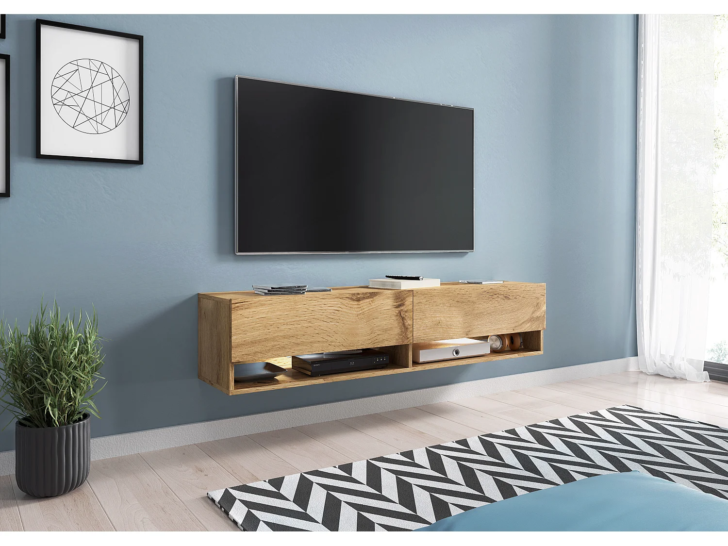 Nowoczesna szafka RTV 140 cm z LED bezuchwytowa dąb wotan stojąca lub wisząca 1 klapa 2 wnęki