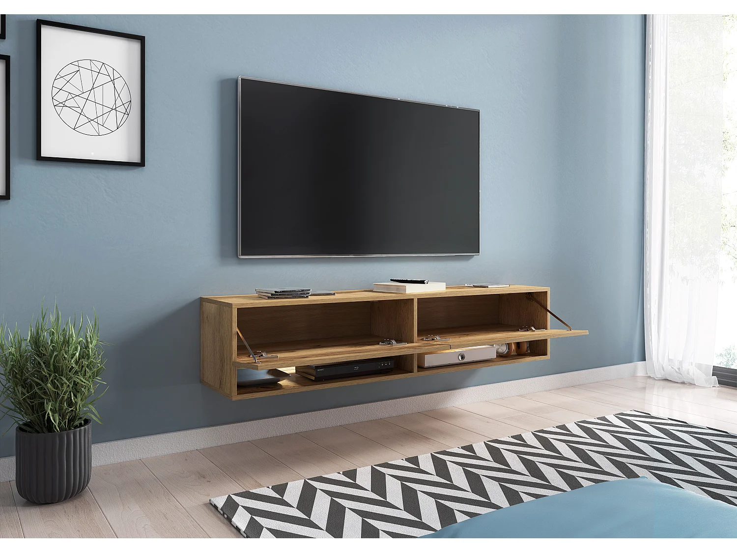 Nowoczesna szafka RTV 140 cm z LED bezuchwytowa dąb wotan stojąca lub wisząca 1 klapa 2 wnęki