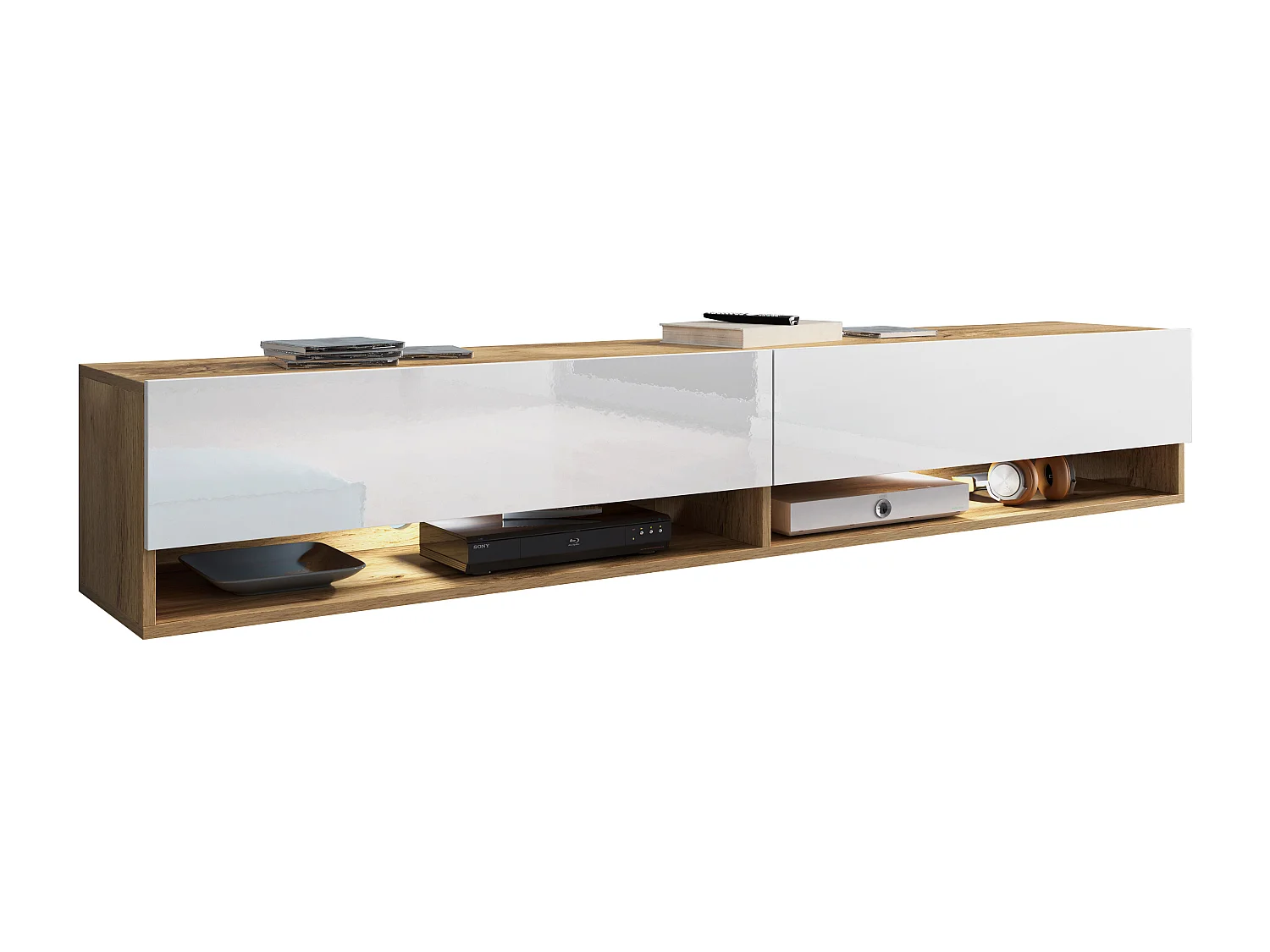 Moderner 180 cm TV-Ständer mit LED-Lichtern, Mattes Gehäuse, Glänzende Fronten, Hängend oder Stehend