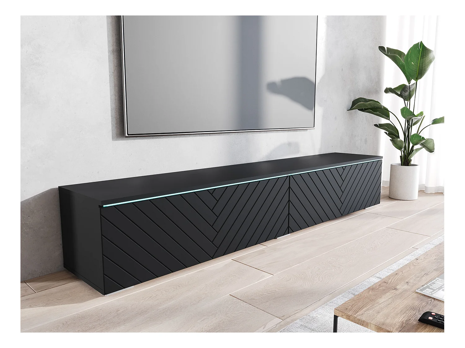 Móvel de TV moderno 180 cm com LED para sala – 2 portas, sem puxadores, preto fosco, de chão ou suspenso, frentes MDF espinha de peixe