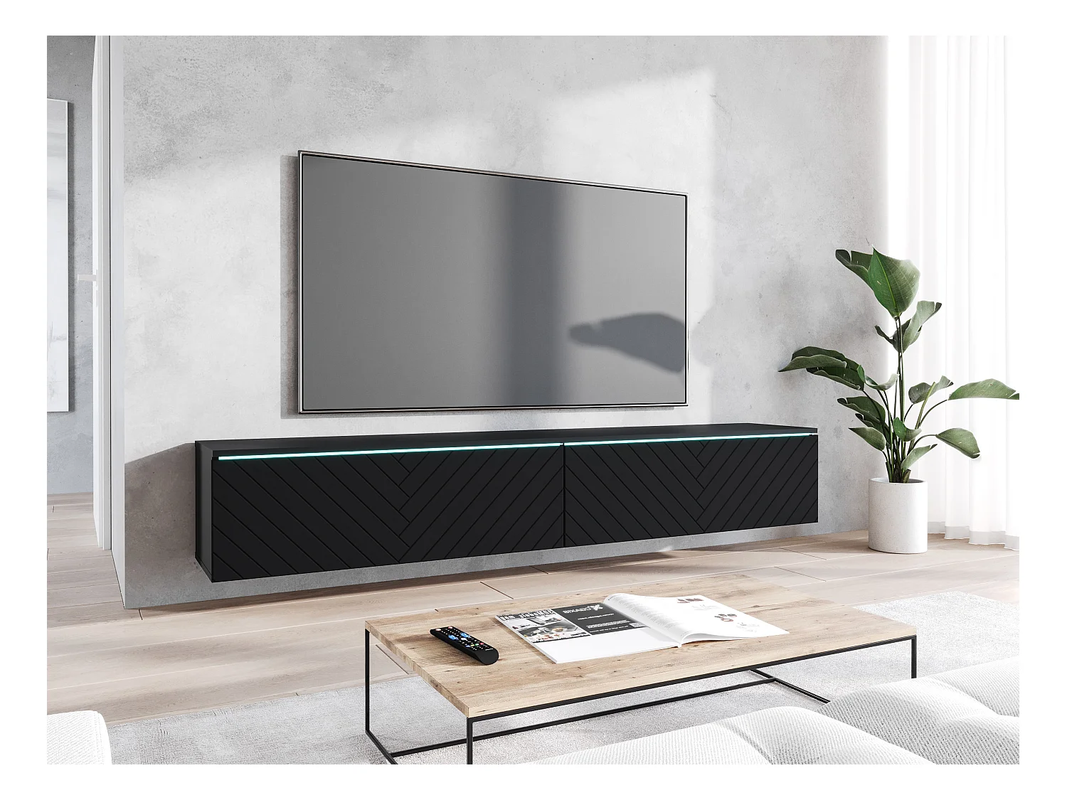 Móvel de TV moderno 180 cm com LED para sala – 2 portas, sem puxadores, preto fosco, de chão ou suspenso, frentes MDF espinha de peixe