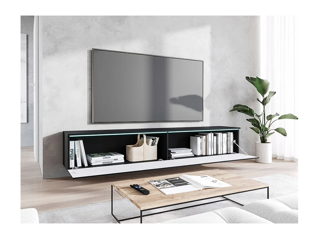 Móvel de TV moderno 180 cm com LED para sala – 2 portas, sem puxadores, preto fosco, de chão ou suspenso, frentes MDF espinha de peixe