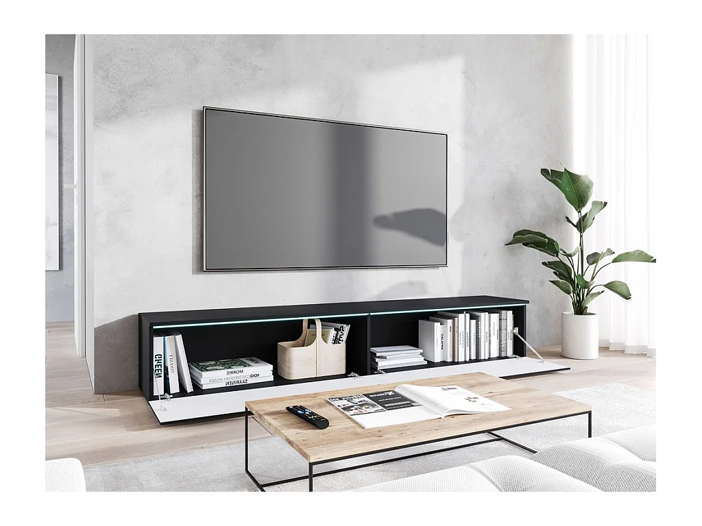 Móvel de TV moderno 180 cm com LED para sala – 2 portas, sem puxadores, preto fosco, de chão ou suspenso, frentes MDF espinha de peixe