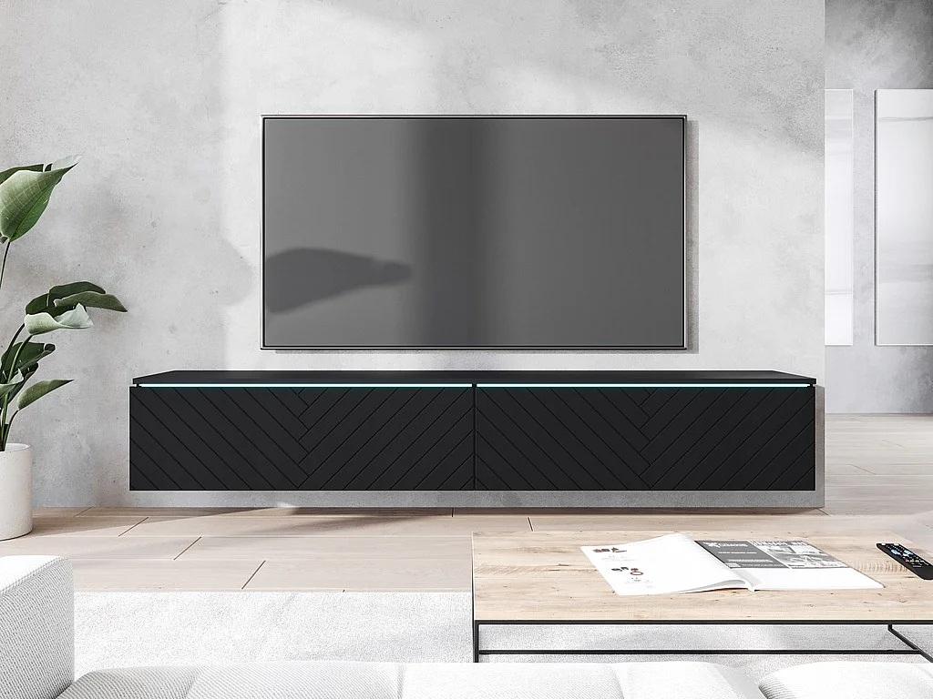 Mobile TV moderno 180 cm con LED per soggiorno – 2 ante, senza maniglie, nero opaco, da terra o sospeso, frontali in MDF a spina di pesce