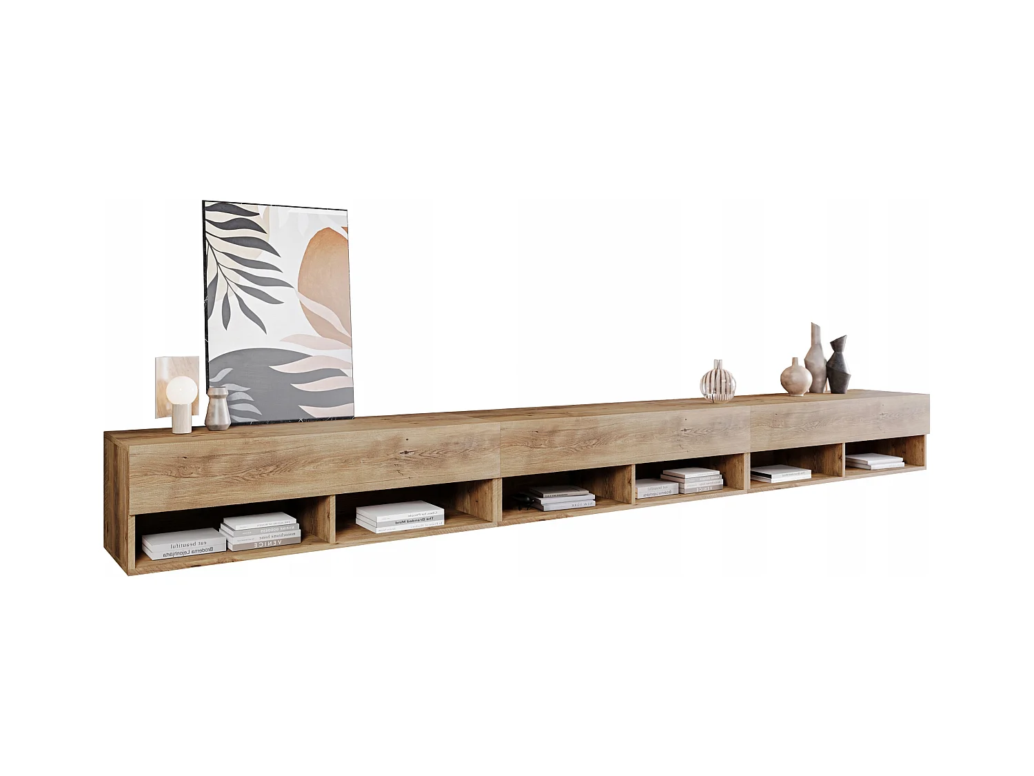 Meuble TV moderne 300 cm avec LED – sans poignées, châtaignier, posé au sol ou suspendu