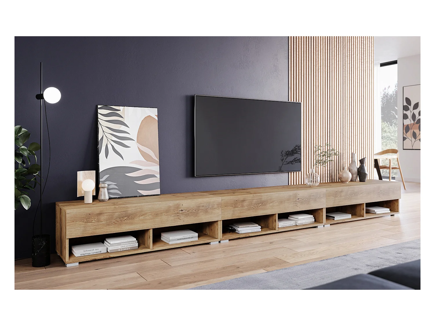 Meuble TV moderne 300 cm avec LED – sans poignées, châtaignier, posé au sol ou suspendu