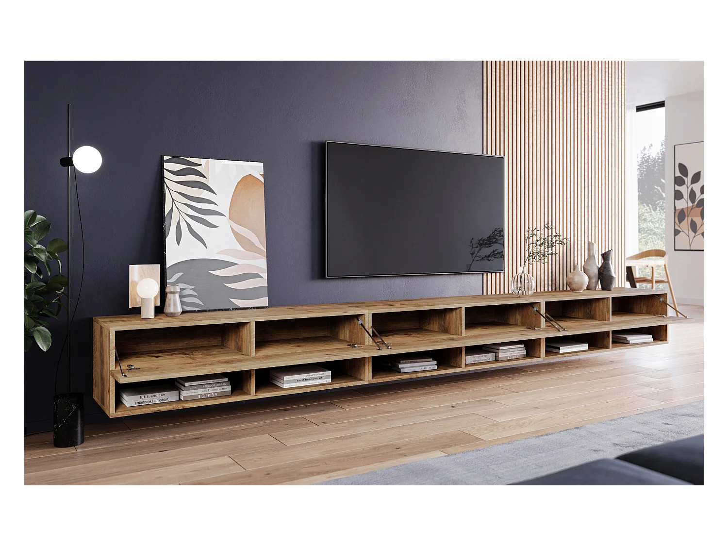 Nowoczesna szafka RTV 300 cm z LED – bezuchwytowa, kasztan, stojąca lub wisząca